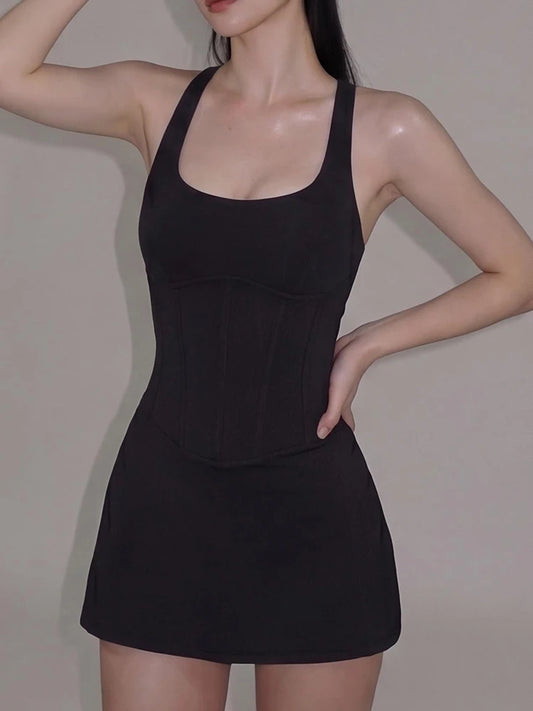 Patchwork Fashion Simple Dress Women Trend Classic Low-Neck Sleeveless Stretch Skinny Elegant Party Club Mini Bodycon