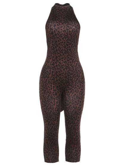 Wild Midnight Street Romper Women  Leopard Print Halter Backless Bandages Sleeveless Fashion Club Party Playsuits