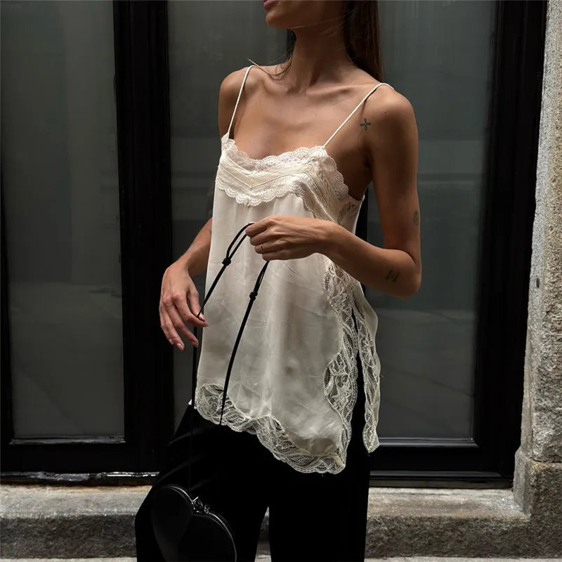 Women Lace Trim Satin High Low Tops Silk Spaghetti Strap Side Split Asymmetrical Cami Top Flowy Silky Layering Tops