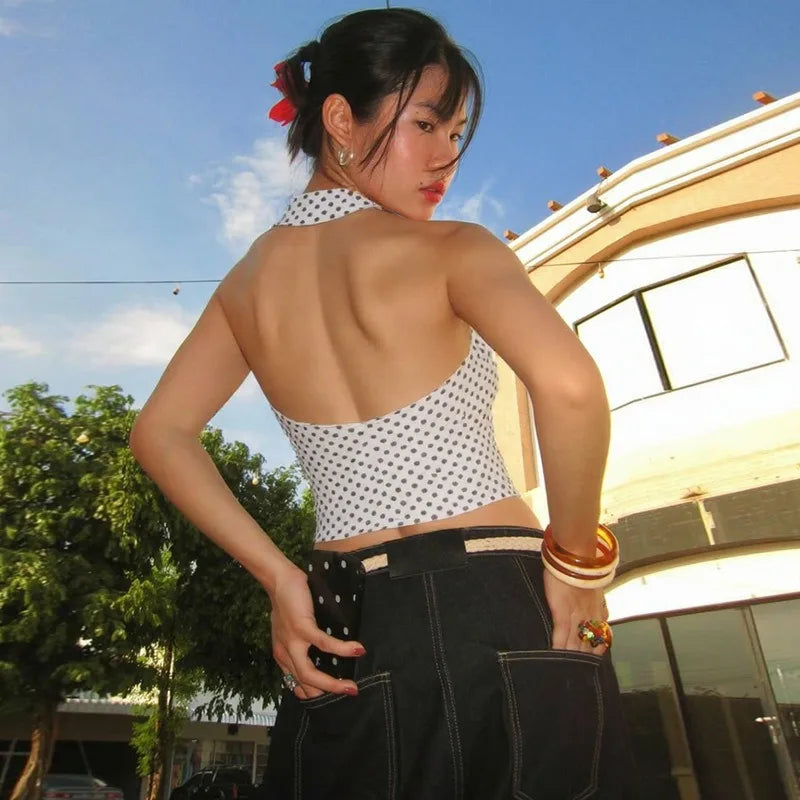 Polka Dot Print Halter Top Y2k 2000s Woman Clothes Sexy V Neck Backless Crop Tops Streetwear