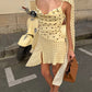 Ruched Elegant Sling Dress + Scarf Woman Polka Dot Print Low-Neck Backless Irregular Hem Street Y2K Style Mini Bodycon