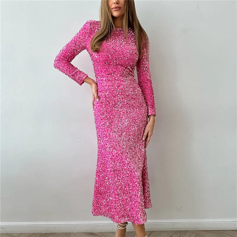 Fashion Sequined Party Slim Midi Dress For Women Autumn Winter Elegant Long Sleeve Sexy Bodycon Evening Dresses