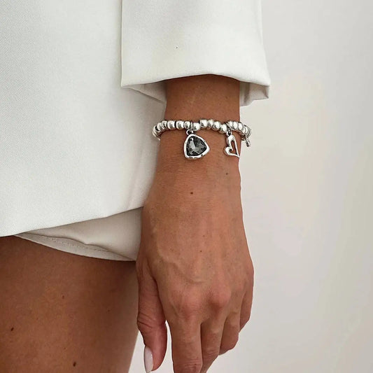 Retro Black Acrylic Heart Pendant Bracelet Adjustable Silver Chain Trendy Creative Women's Party Jewelry Gift