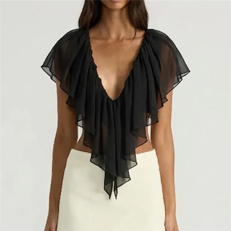 French Coquette Ruffle Blouse V Neck Open Back Flowy Short Sleeve Top with Tiered Layers Date Night Party Summer Outfits