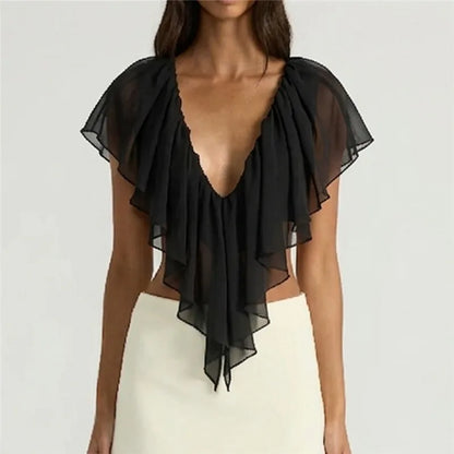 French Coquette Ruffle Blouse V Neck Open Back Flowy Short Sleeve Top with Tiered Layers Date Night Party Summer Outfits