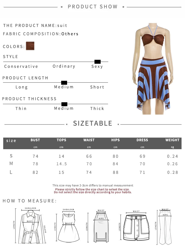 Sexy Fashion 2 Piece Set Woman Halter Long Rope+Skinny Tube Tops+Stripe Patchwork Mid Skirts Beach Party Style Suits