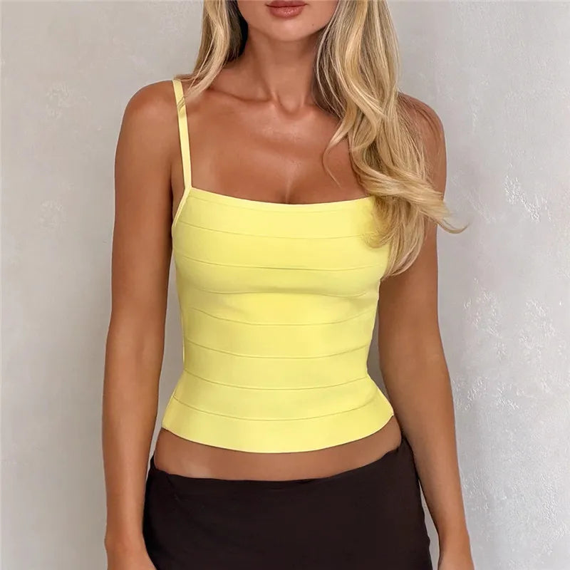 Women Slim Fit Bandage Ribbed Tank Top Square Neck Spaghetti Strap Sleeveless Bodycon Cropped Cami Top Summer Streetwear