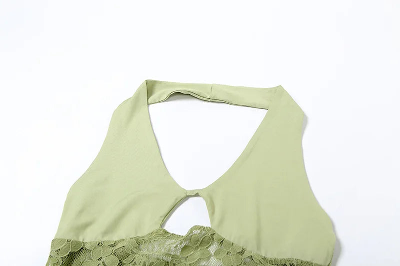 Green Lace Spliced Sheer Maxi Dress Beach Woman Elegant Sexy Vacation Backless Long Dresses Summer