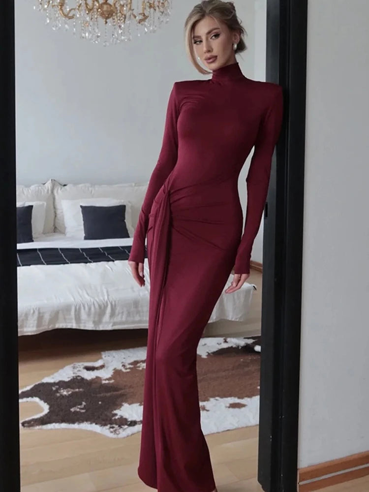 Long Party Elegant Dress Turtleneck Long Sleeve High Split Maxi Dresses Women Clothing Winter