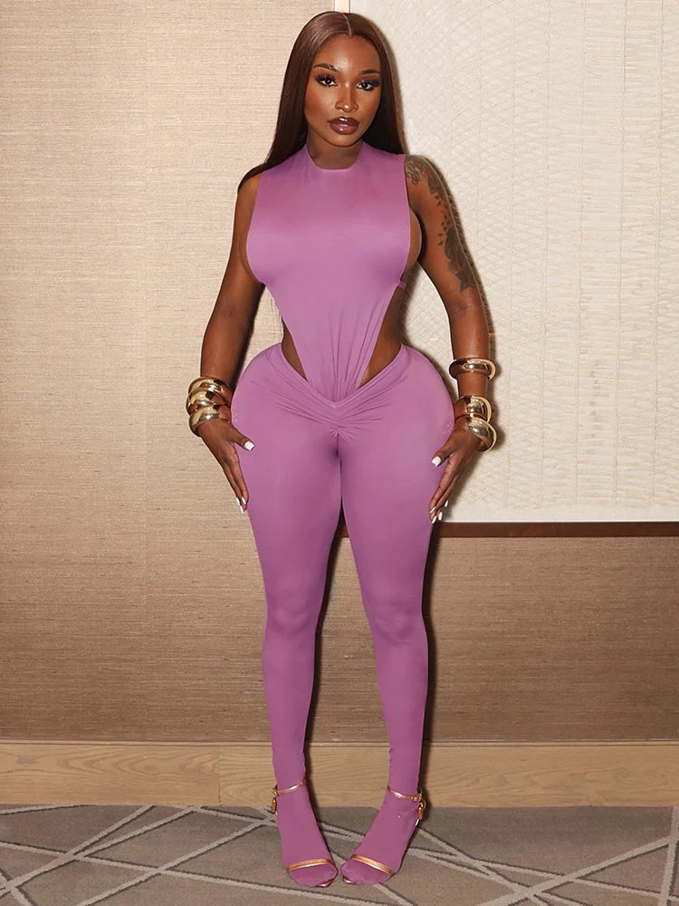 Sexy Women Tracksuit 2 Piece Set Sleeveless Side Split Bodysuit+Ruched Foot Leggings Matching Hipster Street Outfits