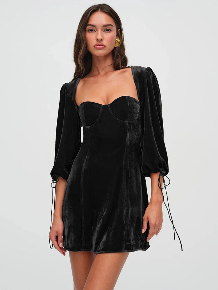 Velvet Backless Sexy Mini Dress For Women Elegant Autumn Winter New Square Collar Half Sleeve Bodycon Club Party Dress