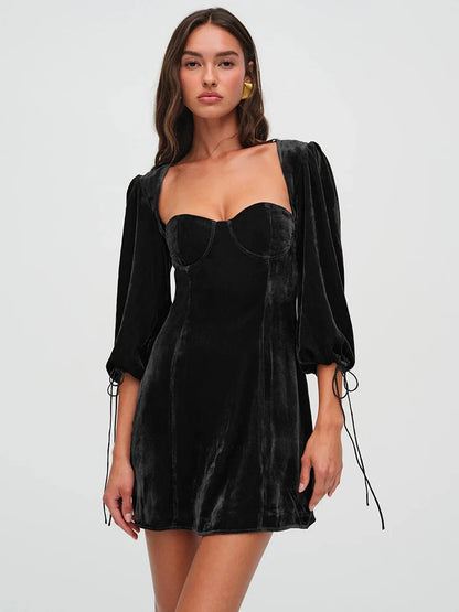 Velvet Backless Sexy Mini Dress For Women Elegant Autumn Winter New Square Collar Half Sleeve Bodycon Club Party Dress