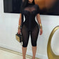 See Through Playsuits Women o-Neck Half Short-Sleeve High Elasticity Skinny Sexy Midnight Simple Classic Rompers