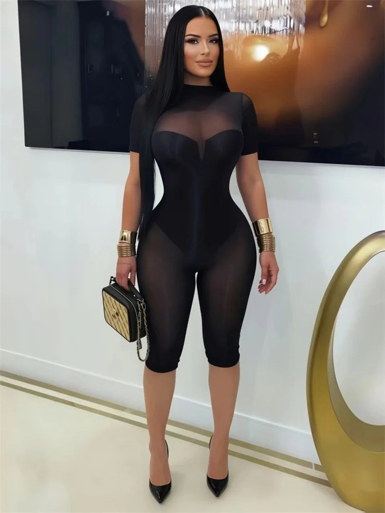 See Through Playsuits Women o-Neck Half Short-Sleeve High Elasticity Skinny Sexy Midnight Simple Classic Rompers