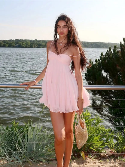 Chiffon Pink Princess Dress Woman Clothes Sexy Spaghetti Strap Backless Mini Dresses