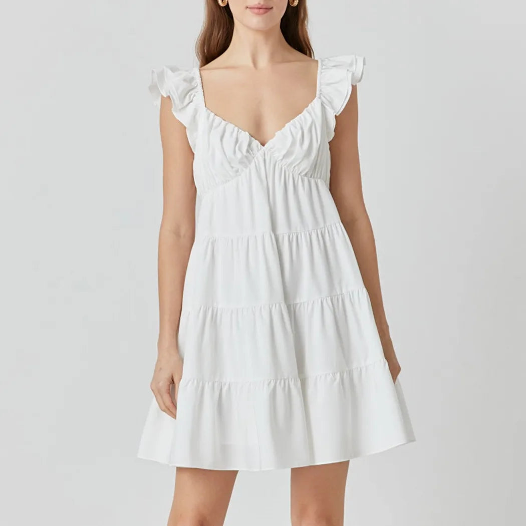 Women Tiered Mini Dress Solid Color V Neck Flutter Sleeve Backless A-line Short Dress for Daily Summer Vacation Sundress