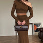 Brown Two Piece Set One Shoulder Long Sleeve Top and Maxi Skirt Sexy Classy Outfit Woman Fall Fashion