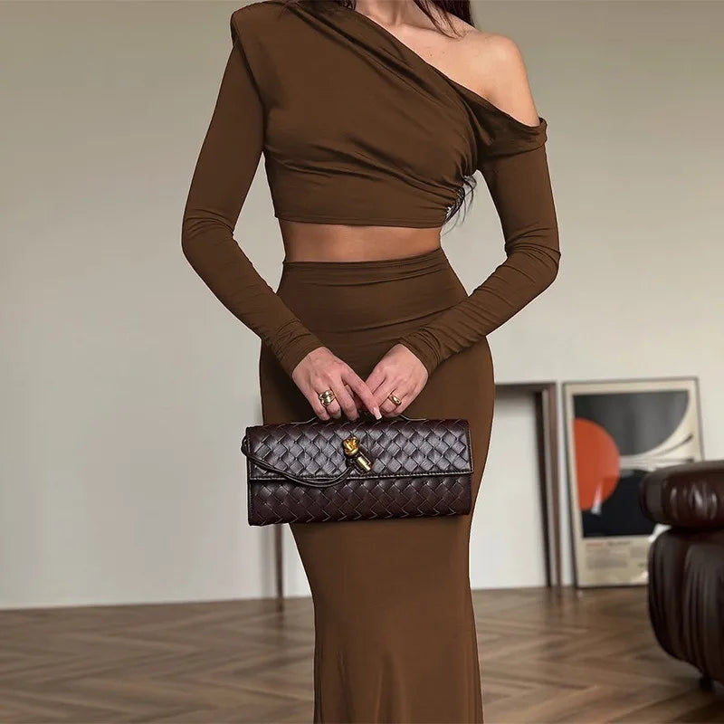 Brown Two Piece Set One Shoulder Long Sleeve Top and Maxi Skirt Sexy Classy Outfit Woman Fall Fashion