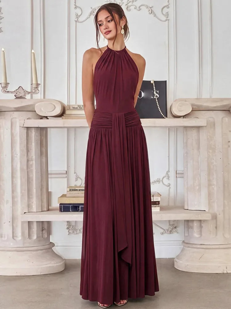 Women Halter Neck Sexy Maxi Dress Sleeveless Ruched Waist Draped Long Dress Elegant Evening Party Wedding Guest Dresses