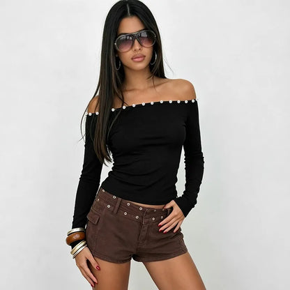 Button Off Shoulder Long Sleeve Tops Fall 2026 Fashion Solid Color Fitted T Shirts Woman Clothing