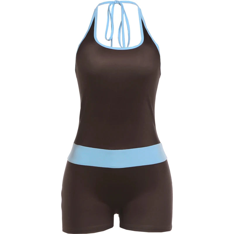 Sproty Style Romper Women Color Blocking Sexy Fashion Halter Bandages Backless Sleeveless Simple Trend Street Playsuits