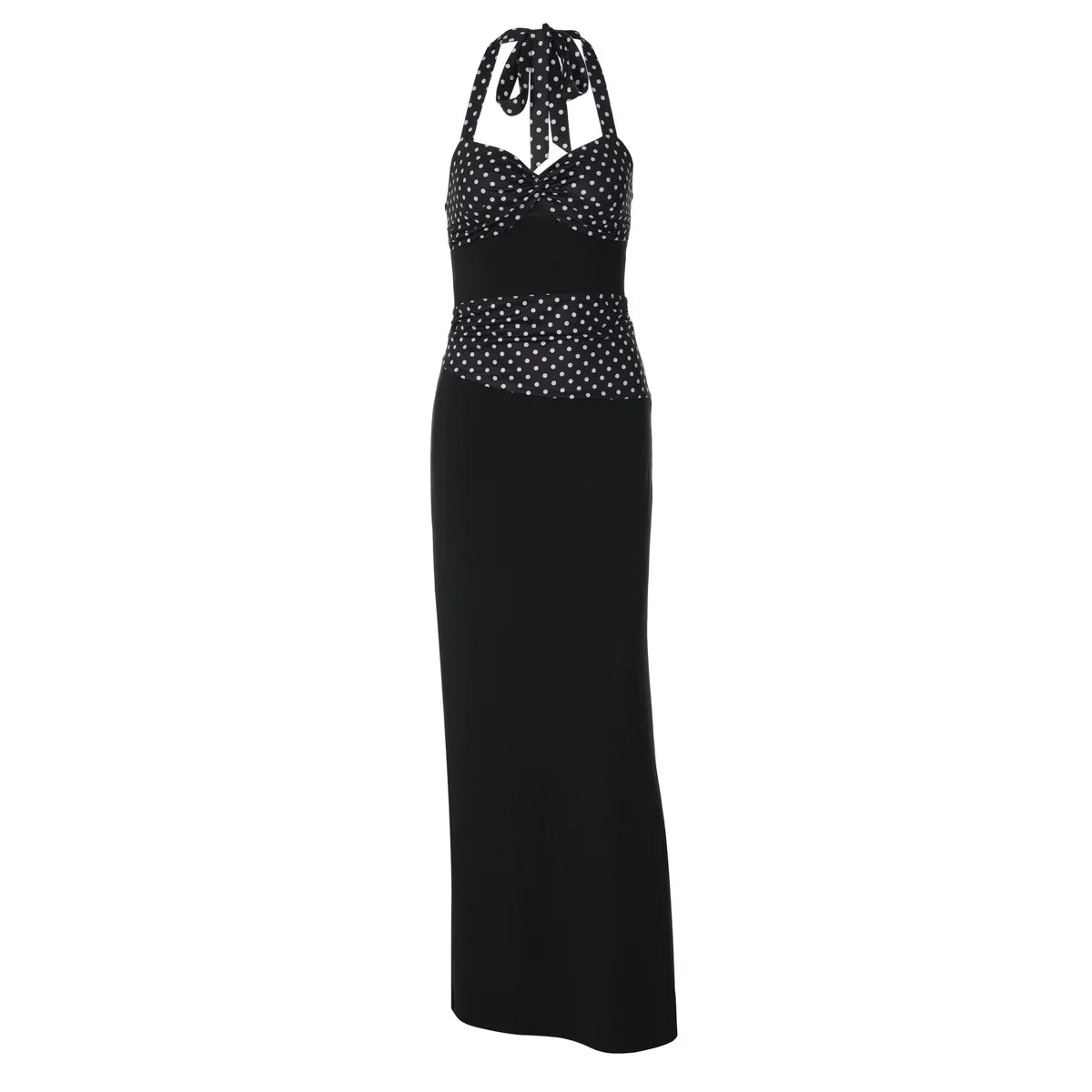 Black Polka Dot Print Halter Backless Maxi Dress 2026 Summer Classic Dresses for Woman Elegant