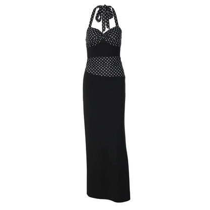 Black Polka Dot Print Halter Backless Maxi Dress 2026 Summer Classic Dresses for Woman Elegant