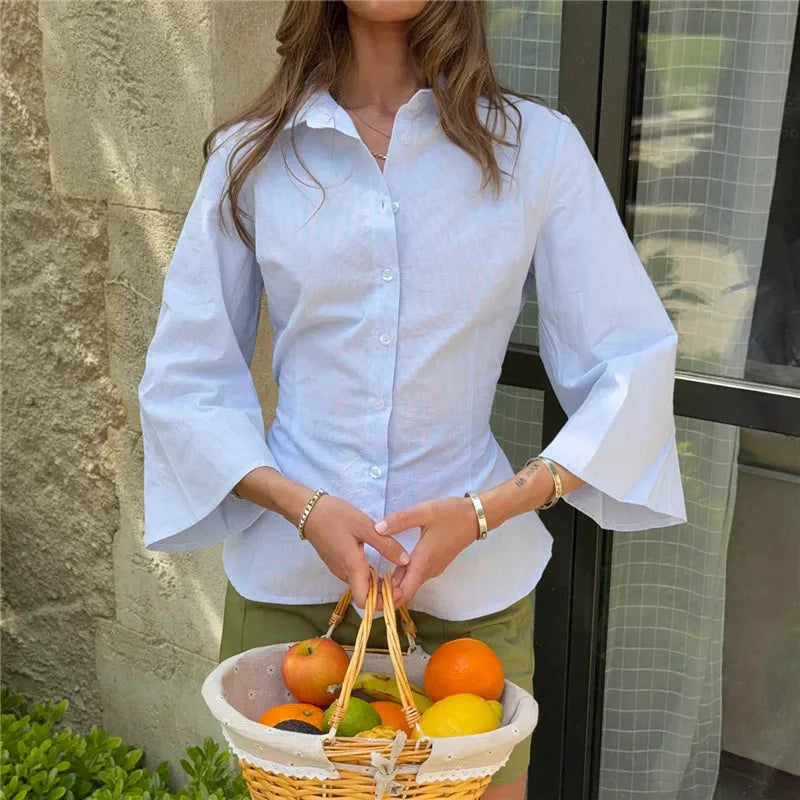 Y2K Tie Back Cinched Waist Collared Shirt For Women Flare 3/4 Sleeve Button‑Front Slim Fitted Curved Hem Casual Blouse