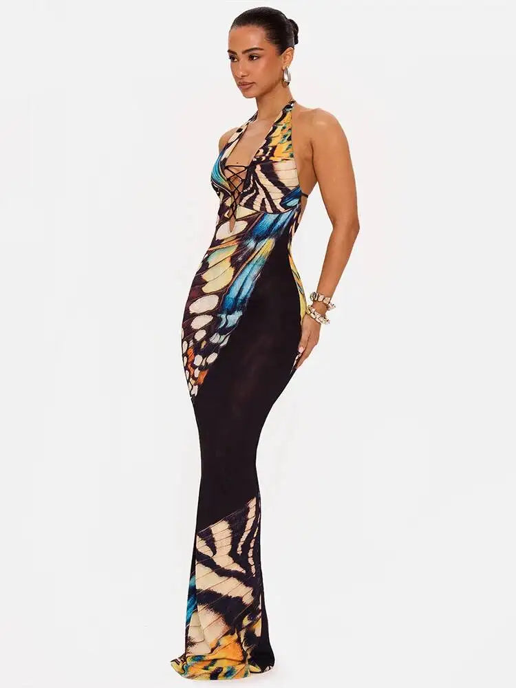 Women Butterfly Print Halter Maxi Dress Deep V Neck Bodycon Long Dress Sleeveless Backless Evening Party Club Dresses