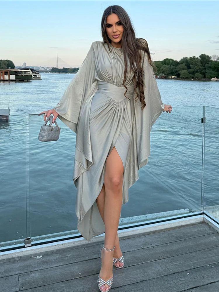 Classic Flare Sleeve Dress Women Patchwork O-Neck Irregular Hem Sexy Elegant Simple Skinny Evening Prom Party Bodycon