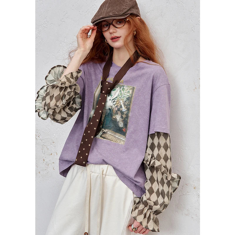 Y2K Long Sleeve Top Women Romantic Loose Round Neck Long Sleeve T-Shirt Fake Two-Piece Ruffle Sleeve Cute Print Top