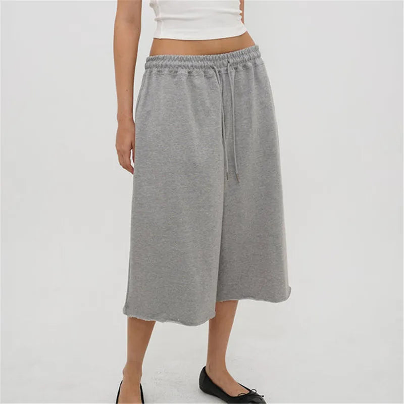 Ladies Raw Edge Bermuda Sweat Pants Elastic Drawstring Waist Loose Wide Leg Casual Knee Length Capri Jogger Trousers