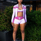 Contrast Patchwork 3 Piece Set Women Halter Strapless Tops+Cardigan Crop Jacket+Drawstring Shorts Sexy Sporty Outfits