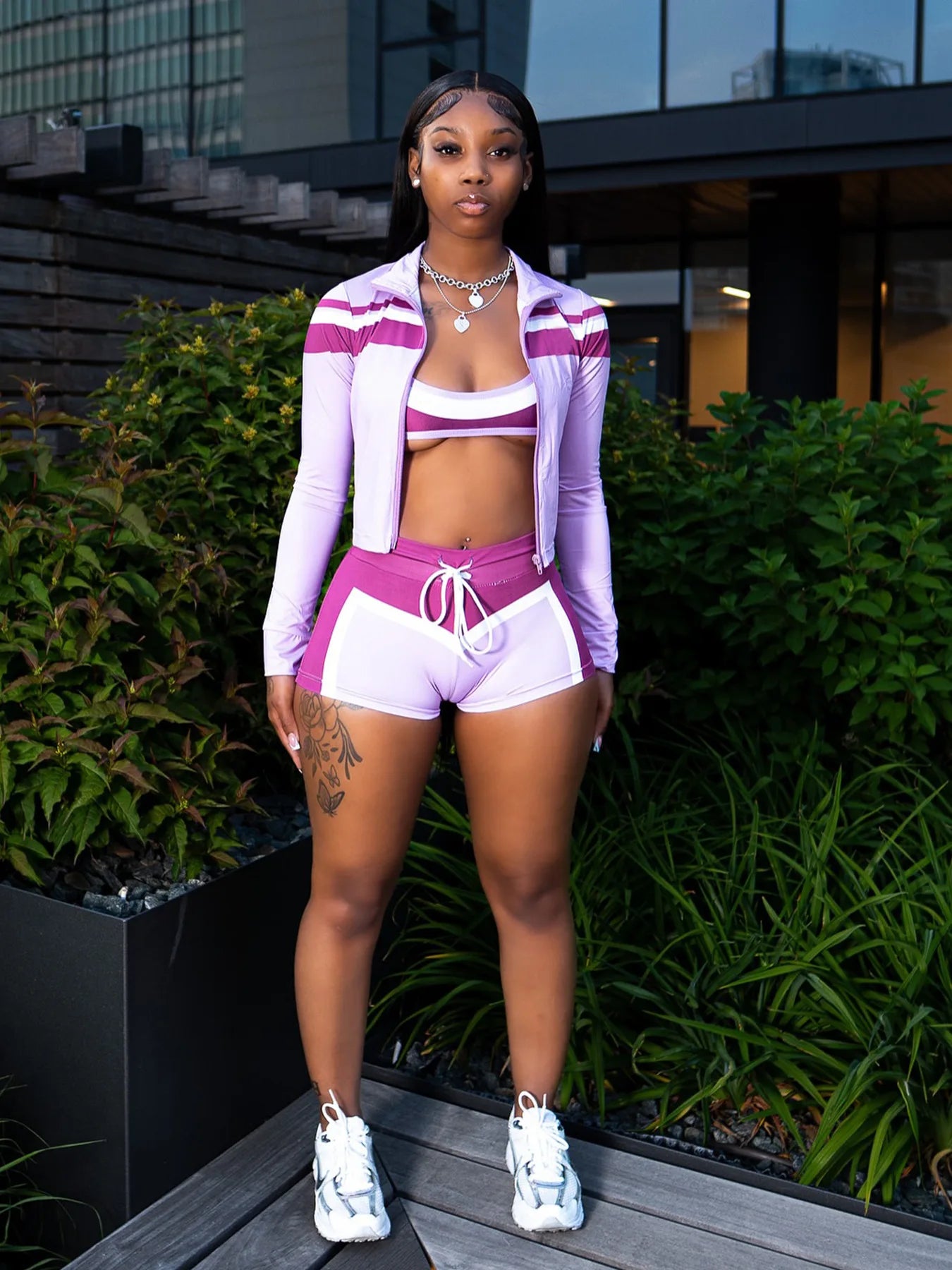 Contrast Patchwork 3 Piece Set Women Halter Strapless Tops+Cardigan Crop Jacket+Drawstring Shorts Sexy Sporty Outfits