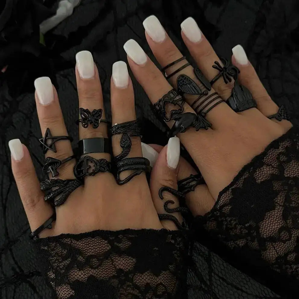 Gothic Black Open Rings Set 20 Pcs Trendy Hollow Star Heart Design with Spider Butterfly & Snake Shapes for Halloween Jewelry