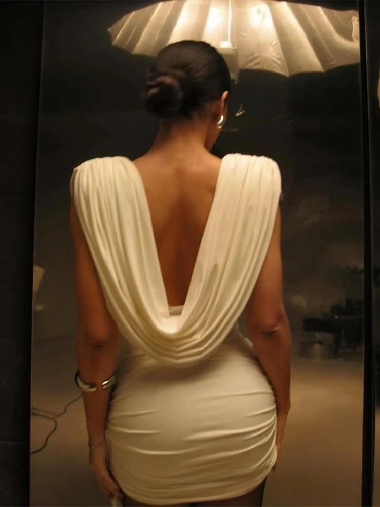 Deep V-Neck Mini Dress Woman Backless Sleeveless Skinny Peach Hip Sexy Fashion Midnight Club Party Ruched Elegant Bodycon