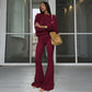 Women 2 Piece Set Outfit Cozy Knit One Shoulder Long Sleeve Top High Waist Flare Pants Set Winter Woman 2026