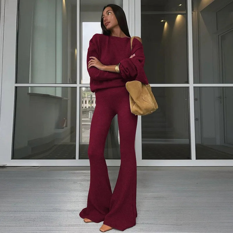 Women 2 Piece Set Outfit Cozy Knit One Shoulder Long Sleeve Top High Waist Flare Pants Set Winter Woman 2026