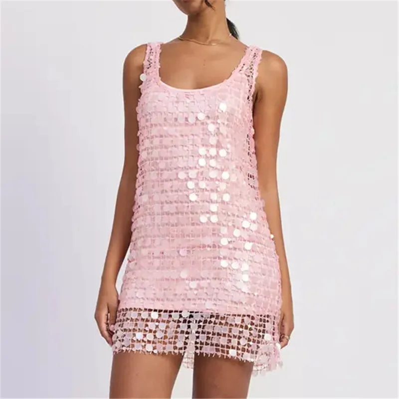Women Sparkly Sequin Mesh Mini Dress U Neck Tie Back Sleeveless Loose Fit Dress Summer Beach Vacation Party Night Out