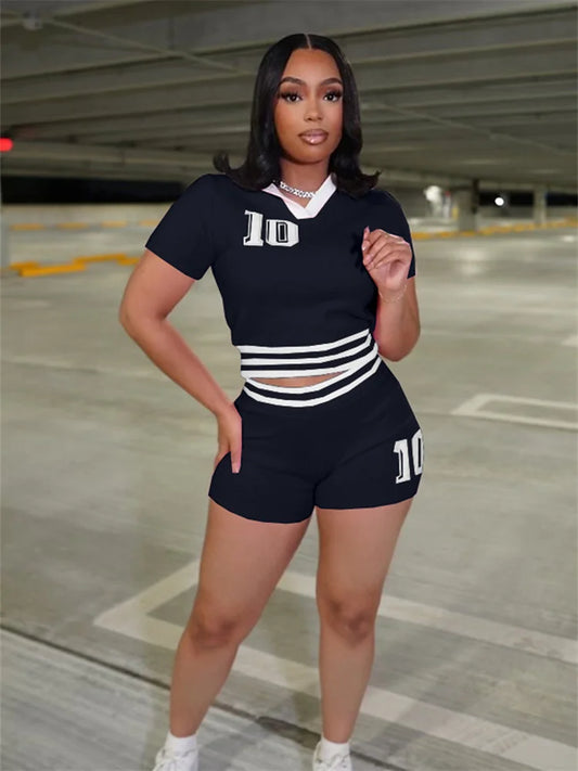 Knit Patchwork 2 Piece Set Tracksuit Women Letter Print V-Neck Crop Tops+Skinny Shorts Casual Fashion Sporty Outfits