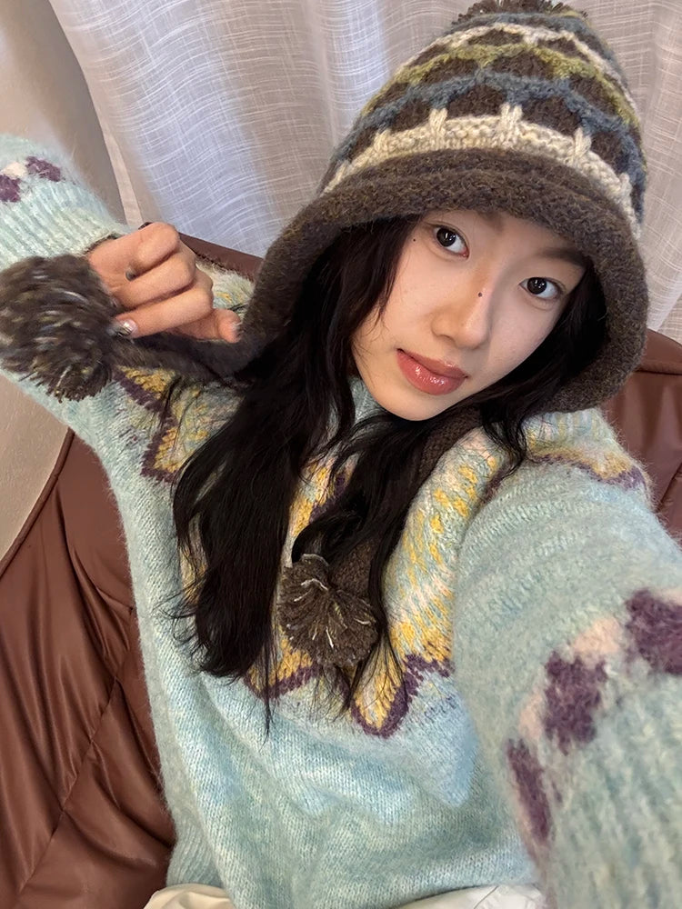 Casual Warm Striped Colorful Pom Pom Beanie For Women