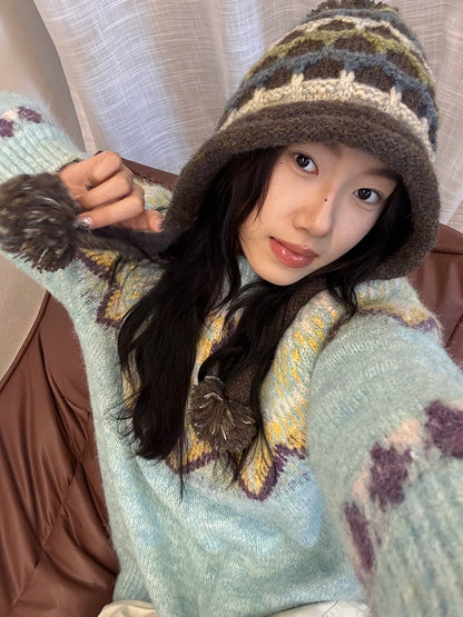 Casual Warm Striped Colorful Pom Pom Beanie For Women