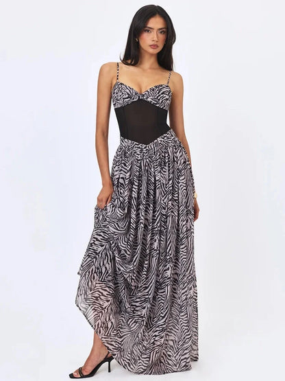 Women Zebra Print Spaghetti Strap Sexy Maxi Dress Mesh Patchwork Sweetheart Neck Sleeveless High Waist Long Party Dress