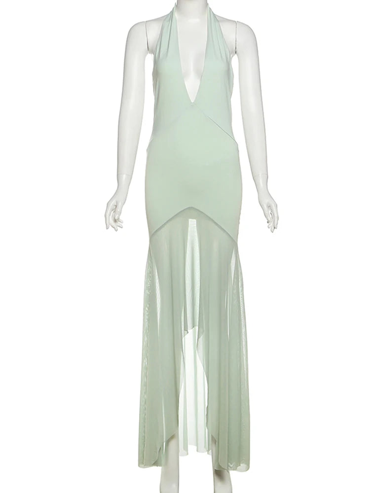 Elegant Patchwork Mesh Dress Women Halter Backless Deep V-Nec Sexy Irregular Hem Birthday Party Elegant Slim Vestidos