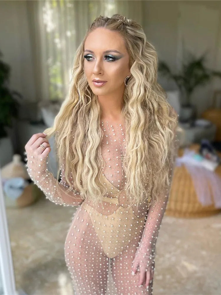 Women's Beach Bikini Cover Up Bathing Suit Fish Net Pearl Rhinestone Mesh See Through Swimsuit Beachwear Dresses
