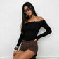 Button Off Shoulder Long Sleeve Tops Fall 2026 Fashion Solid Color Fitted T Shirts Woman Clothing