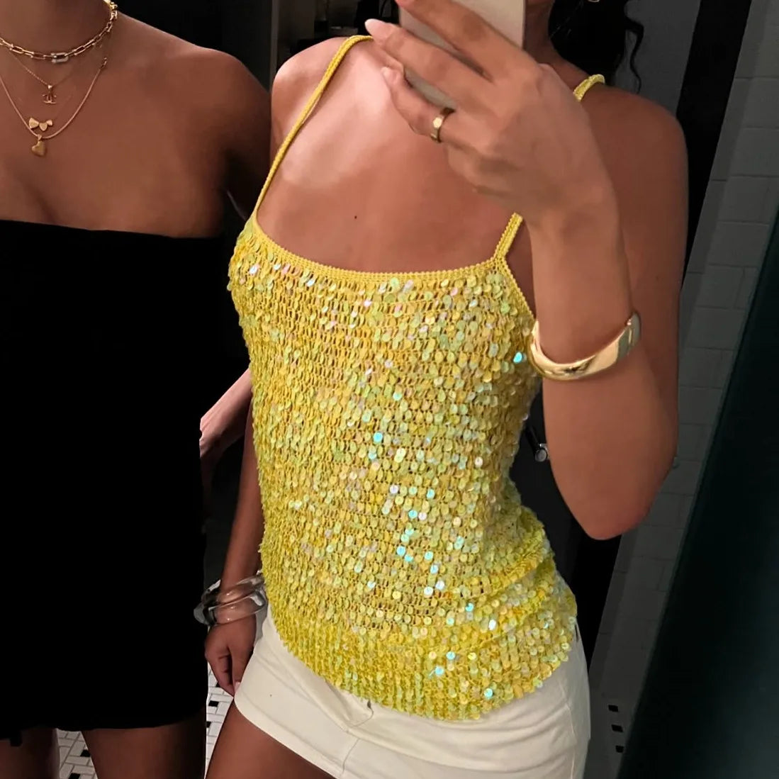 Sequin Crochet Crop Tops Women Summer Beach Knitted Smocked Camis Sparkly Glitter Backless Cover-up Crop Tops Vest