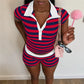 Women Y2K Striped Matching Two Piece Set Contrast Pink Lapel Neck Crop Top Fold Waist Biker Shorts Casual Preppy Suit