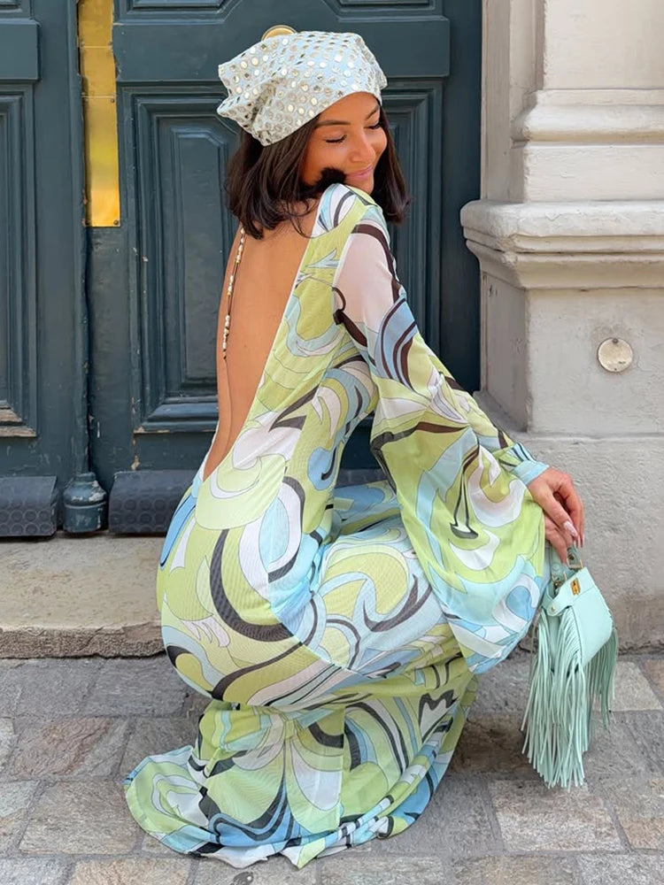 Autumn Trend Sexy Colorful Print Mesh Dress Women Fashion Chic Puff Sleeve O-Neck Elegant Vacation Party Club Bodycon