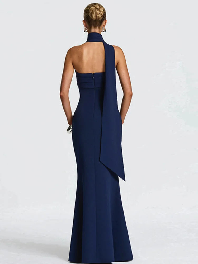 Off-shoulder Strapless Sexy Maxi Dress Women Gown Scarf Collar Sleeveless Backless Bodycon Club Party Evening Dresses